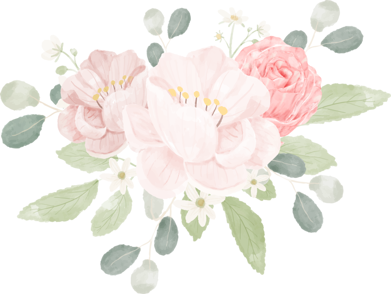 pink pastel watercolor rose and peony flower bouquet arrangement png