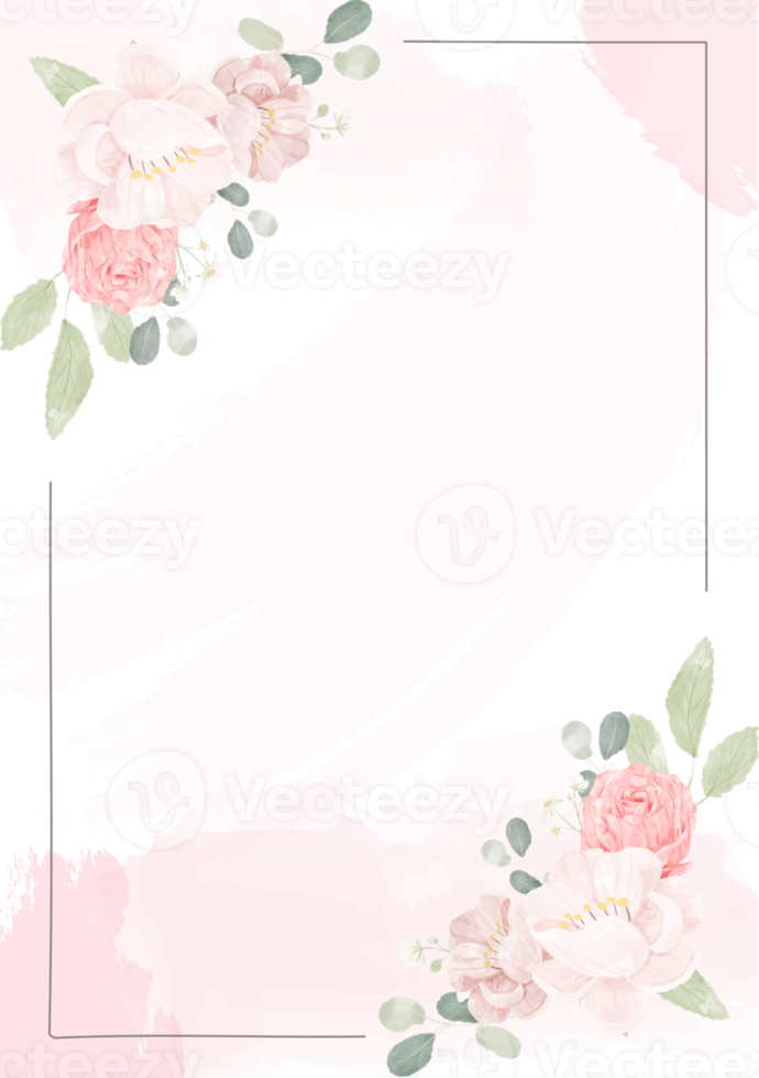 pink rose and peony flower bouquet wreath with frame on pink watercolor splash background png