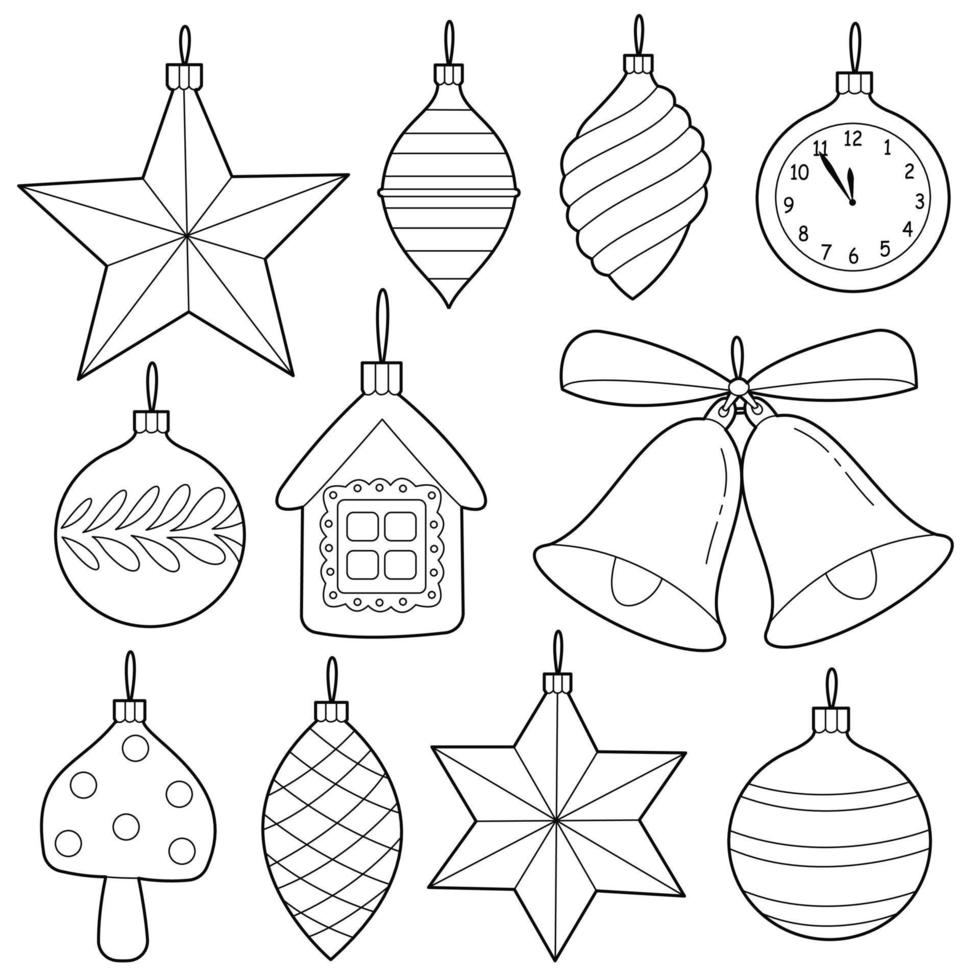 Christmas tree toys set. Vector colorless set. Design elements or  page of  children's coloring book.