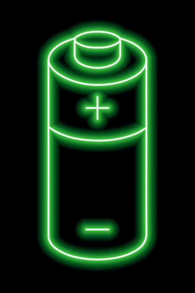 Green neon outline of battery with plus and minus signs on a black background. Charge sign. Electricity, power vector
