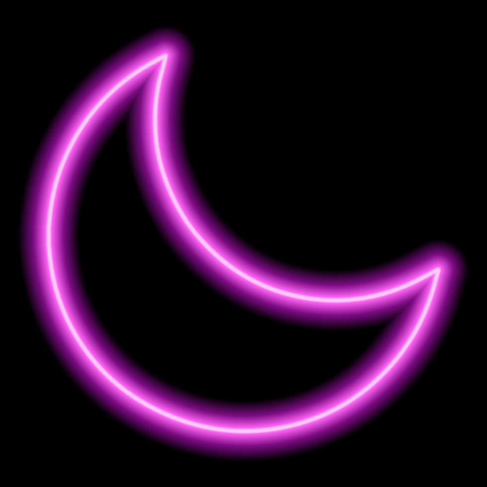 contorno de neón rosa de la luna menguante sobre un fondo negro. ilustración del icono vector