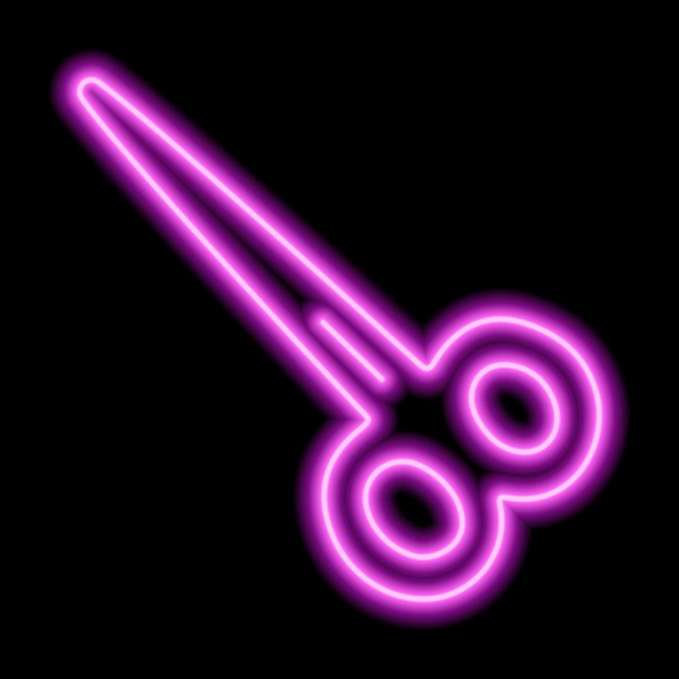 Pink neon contour scissors on a black background. vector