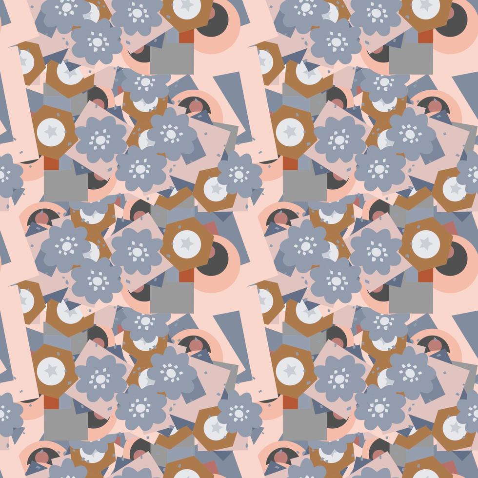 Modern fantasy messy geometric shapes seamless pattern. Infinity abstract card, layout. Creative background with geo shapes. Textile, fabric, wrapping paper with flowers. vector