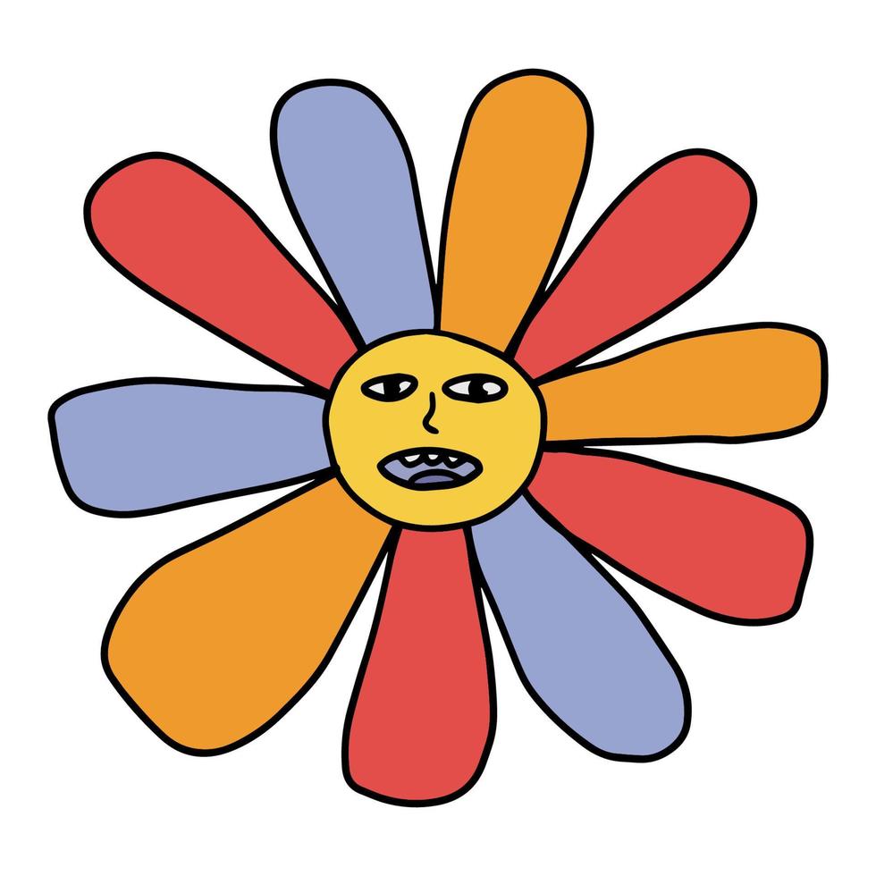 Groovy Smiling Flower Hippie. Positive 70s retro smiling daisy vector