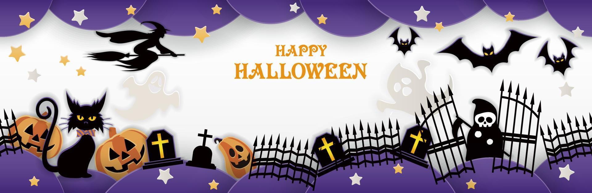 Seamless Happy Halloween Vector Background Illustration With A Black Cat, A Witch, Ghosts, Jack-o-lantern, Graveyard, And Bats. Horizontally Repeatable.