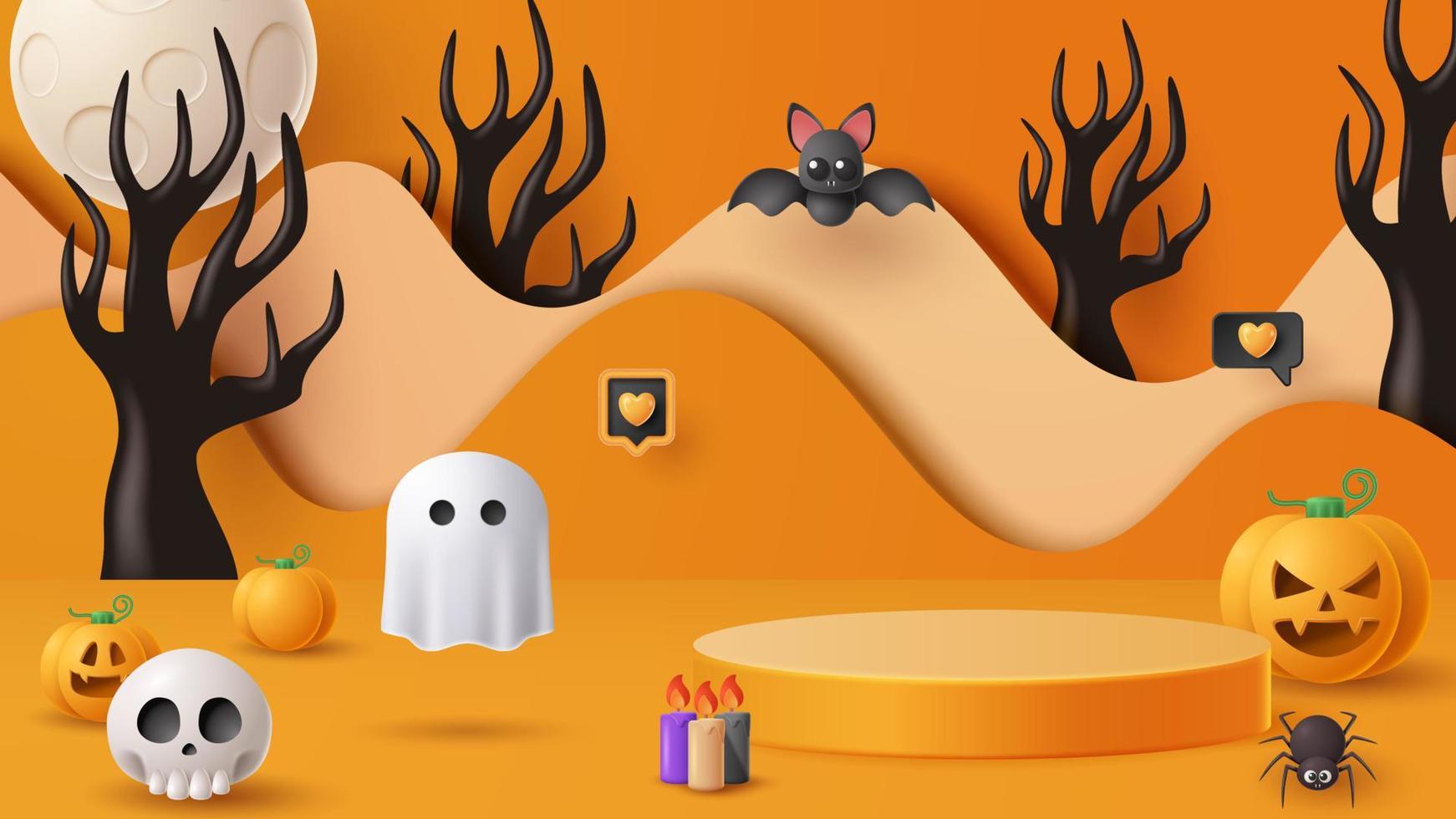 Halloween display podium decoration background with scary ornament. Vector 3D Illustration