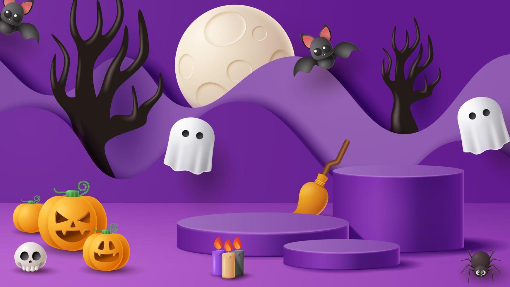 Halloween display podium decoration background with scary ornament. Vector 3D Illustration