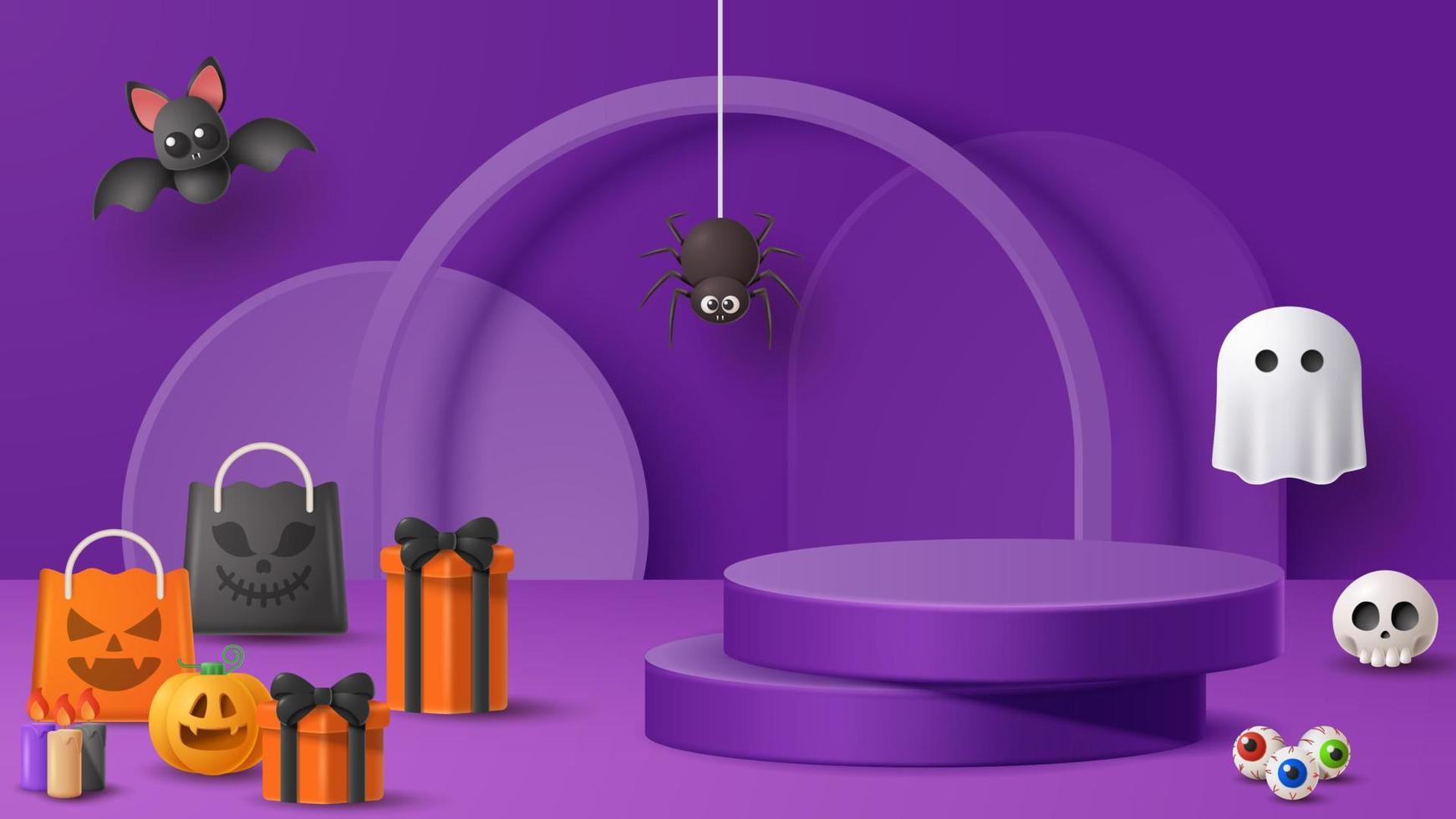 Halloween display podium decoration background with scary ornament. Vector 3D Illustration