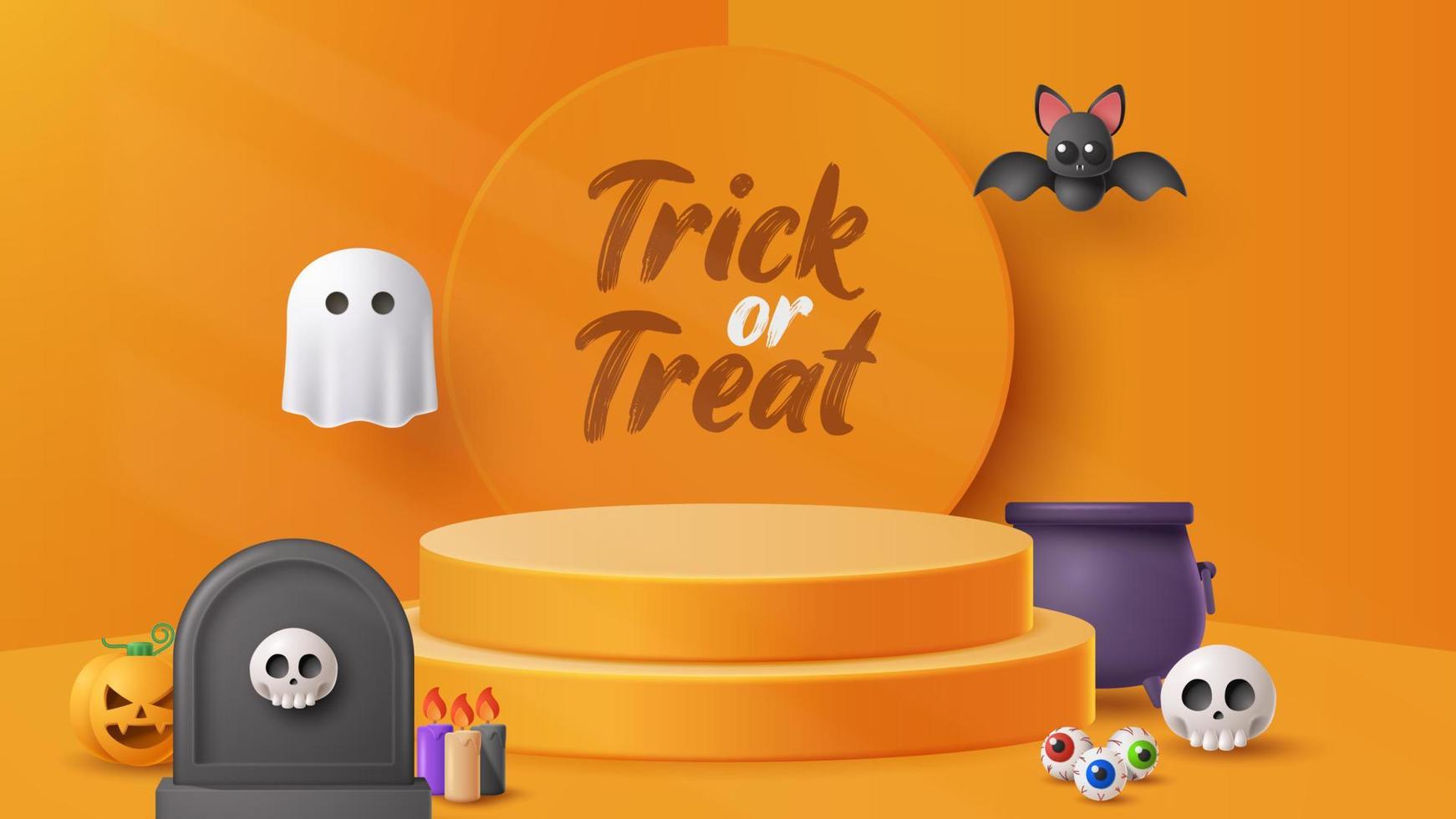 Halloween display podium decoration background with scary ornament. Vector 3D Illustration