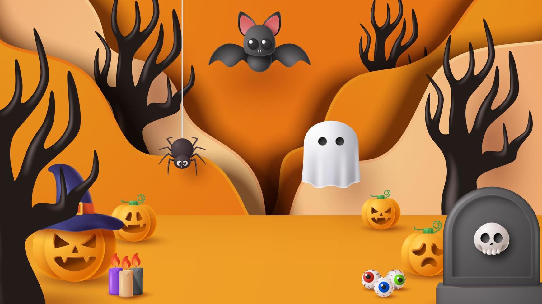 Halloween display podium decoration background with scary ornament. Vector 3D Illustration