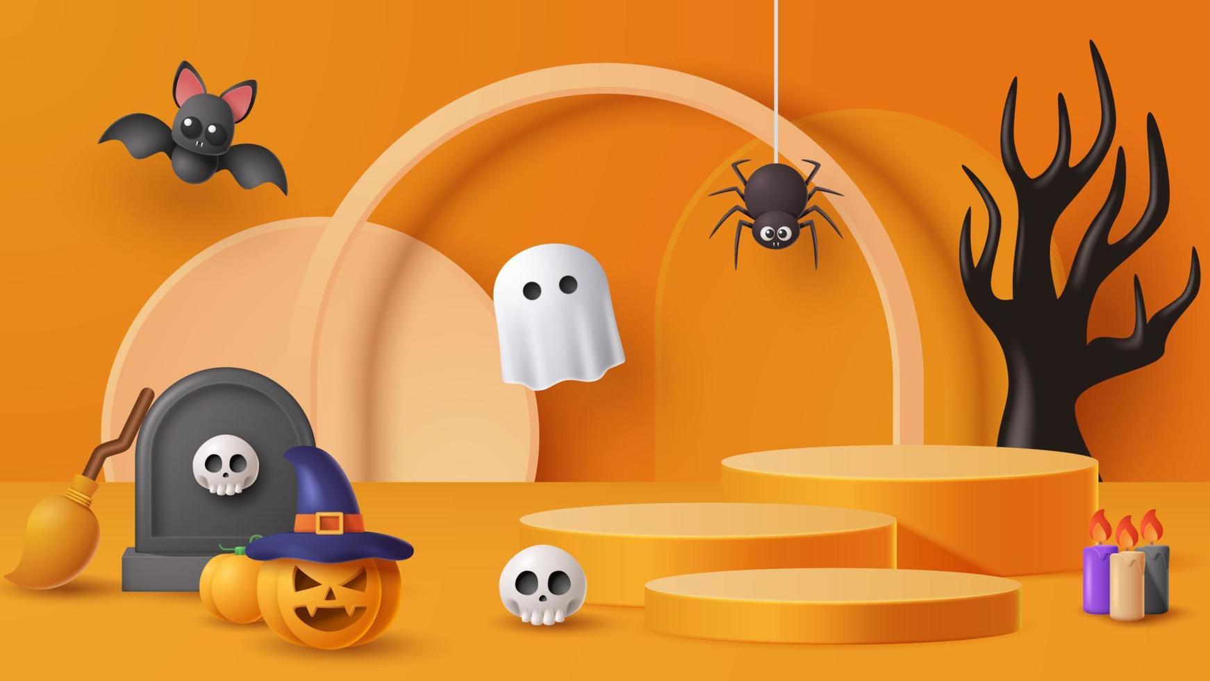 Halloween display podium decoration background with scary ornament. Vector 3D Illustration