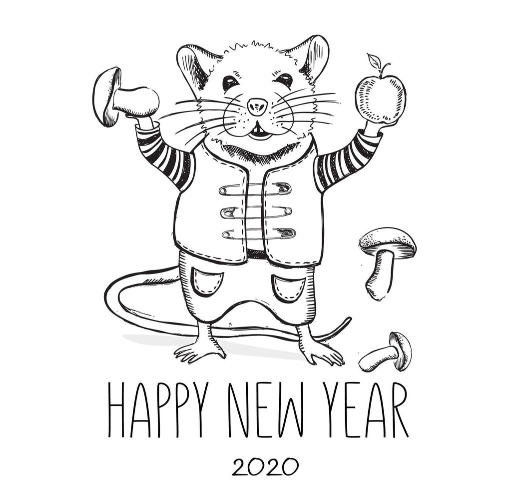 Mouse hand drawn illustration. New Year card. vector