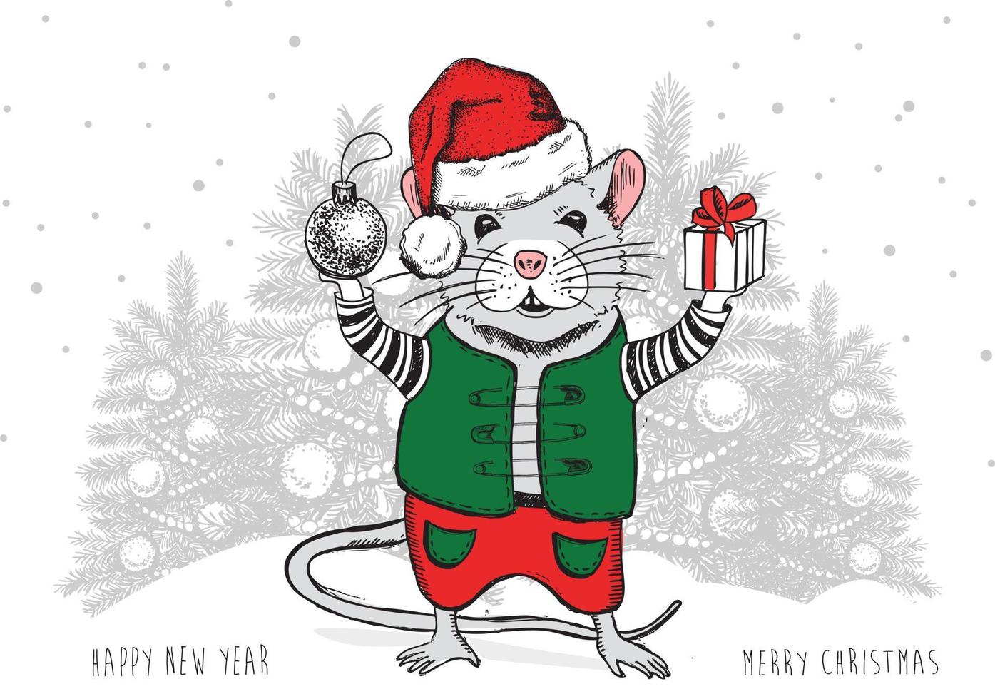 Mouse hand drawn illustration. New Year card. vector