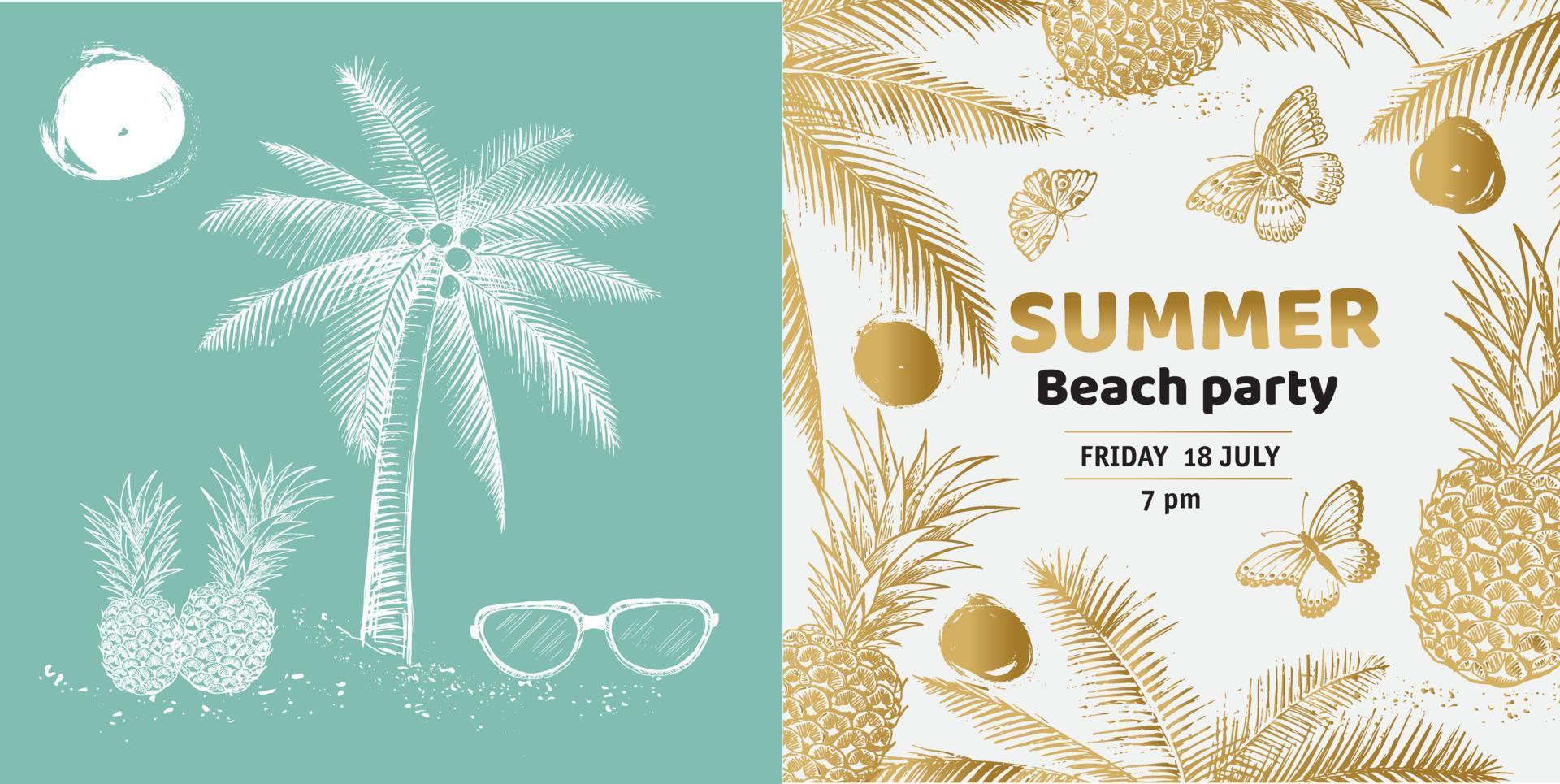 Hello Summer, palm tree, glasses, pineapple. Hand drawn illustration vector