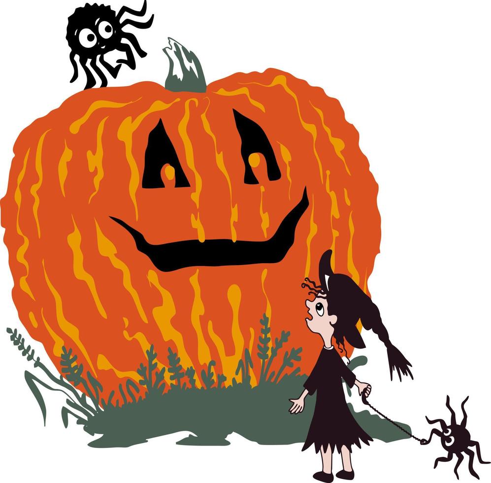 feliz Halloween. una gran linterna de calabaza alegre y una pequeña bruja. vector