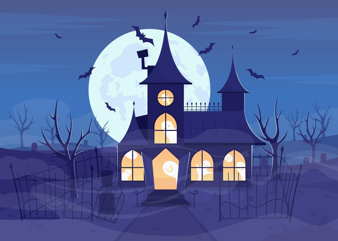 mansión con fantasmas ilustración de vector de color plano. Casa embrujada. fantasmas malvados. noche de luna llena. lápidas paisaje de dibujos animados simple 2d completamente editable con murciélagos voladores en el fondo