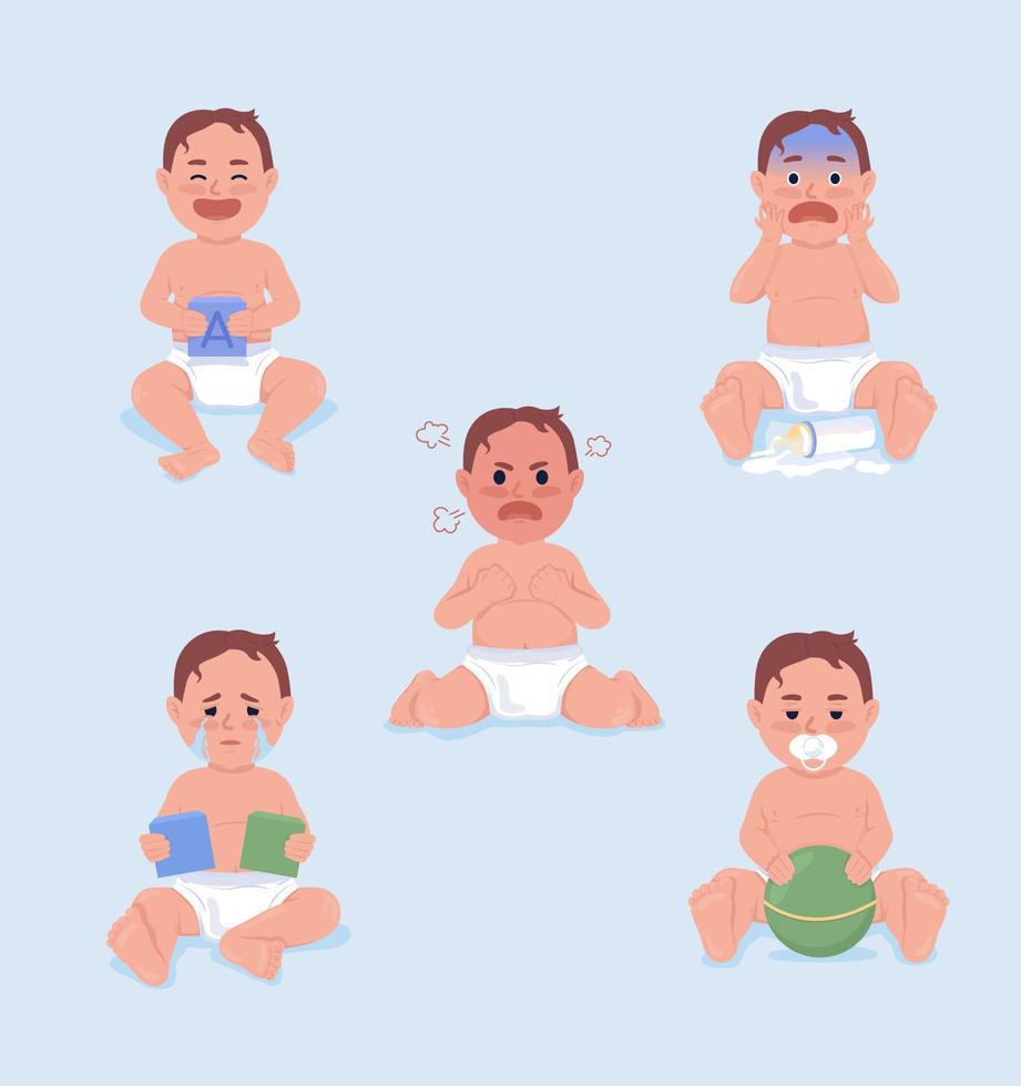 Moods of baby boy semi flat color vector characters set. Editable figure. Full body people expressions. Simple cartoon style illustration for web graphic design and animation pack