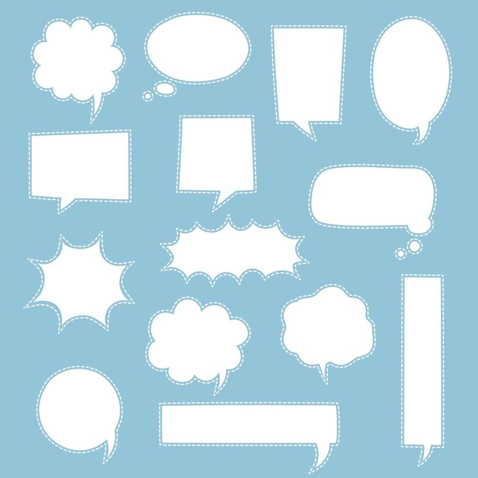 collection set of blank black and white dashed line hand drawn speech bubble balloon, think speak talk whisper text box, flat vector illustration design isolated