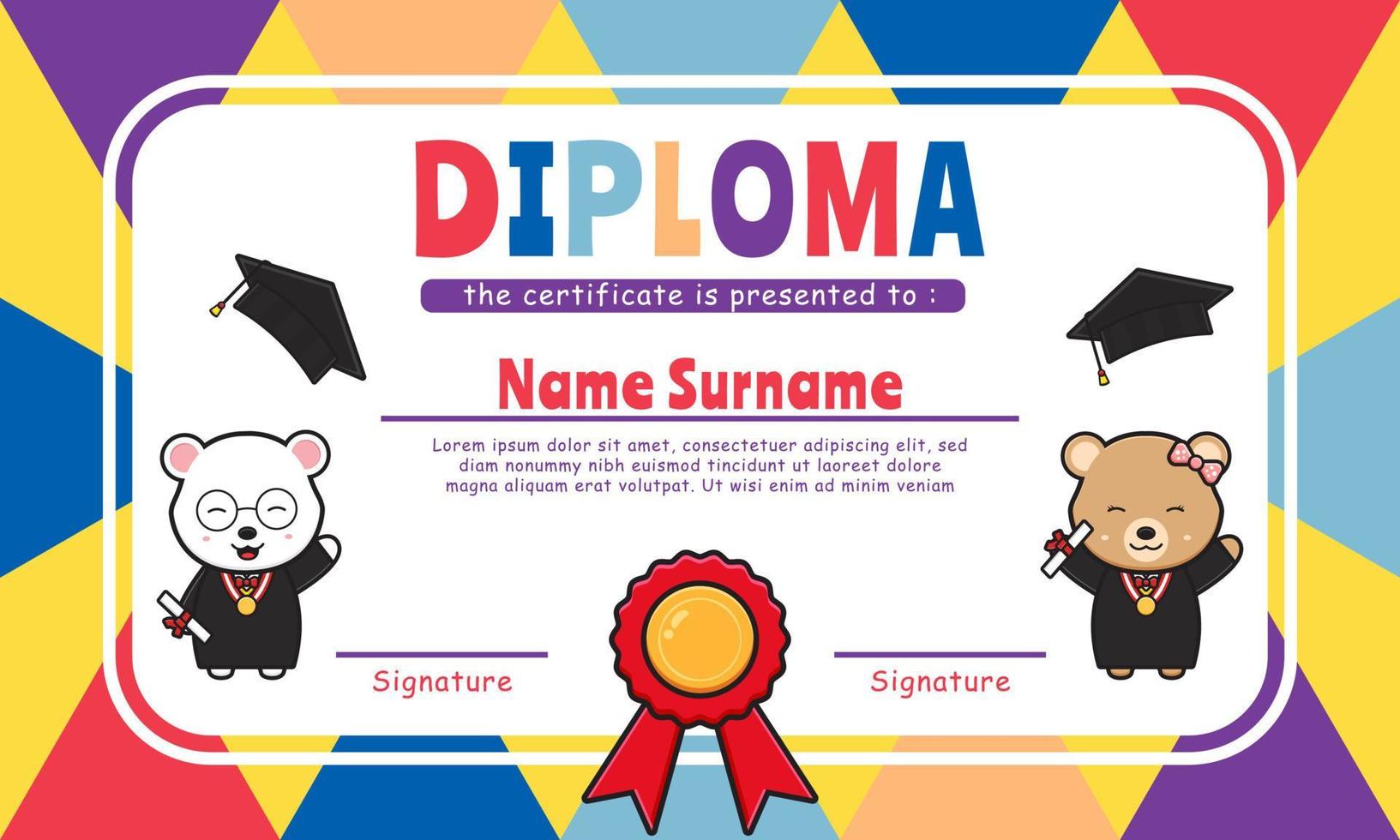 Cute animal diploma certificate colorful background design template icon illustration vector