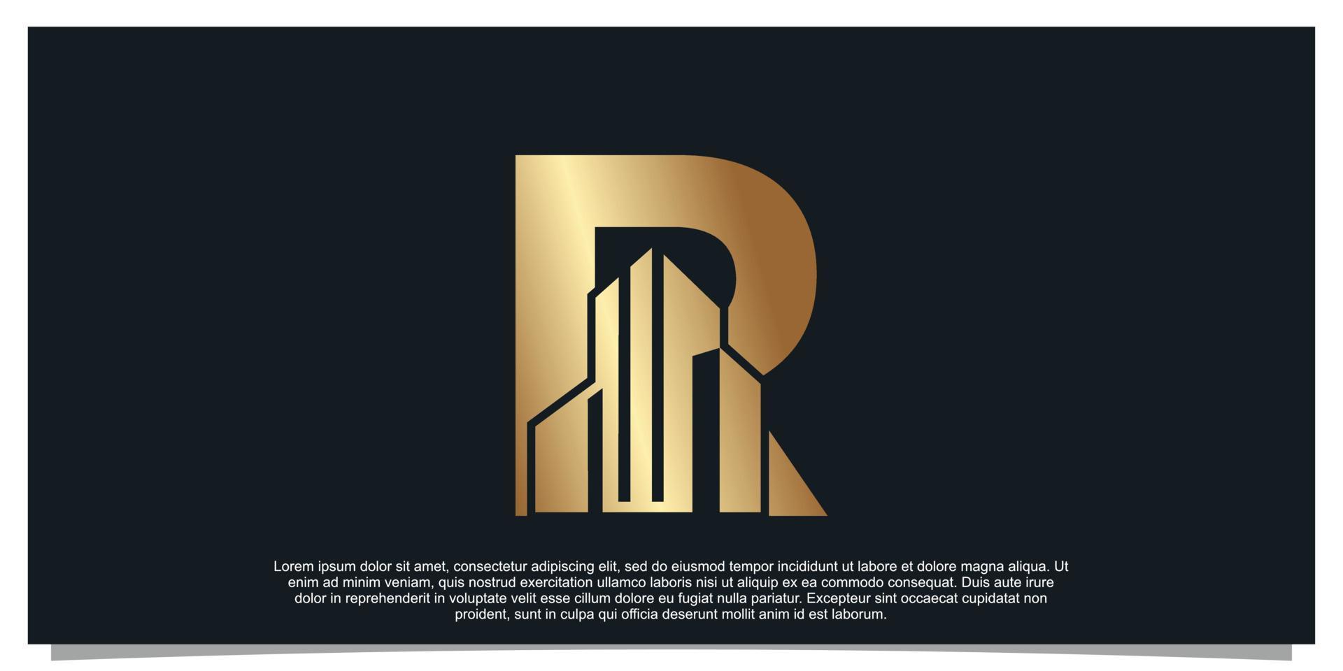 Monogram logo design initial letter R for business with building golden color concept Premium Vector