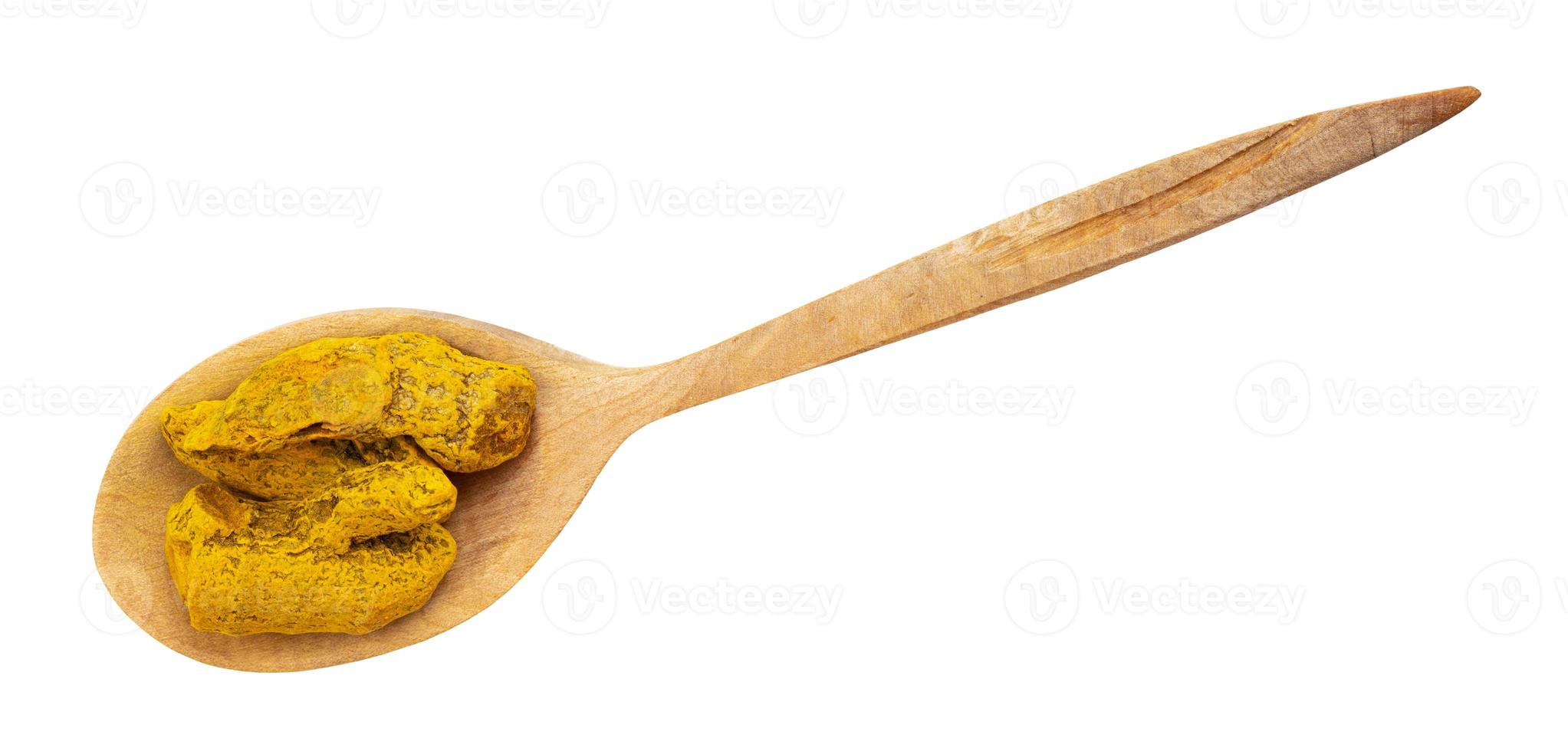 top view of Turmeric Curcuma roots in wood spoon photo