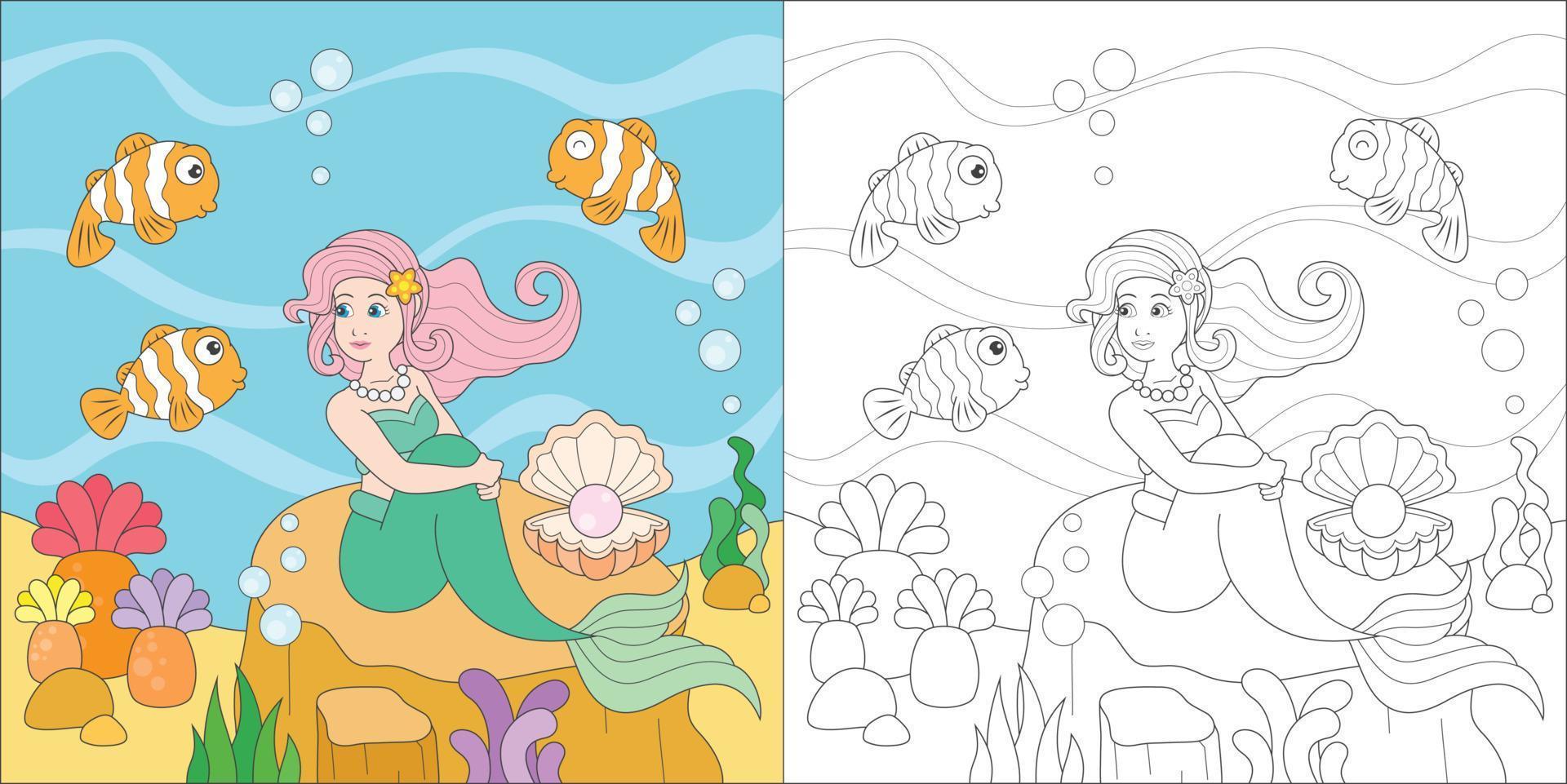 coloring mermaid for kids activity vector