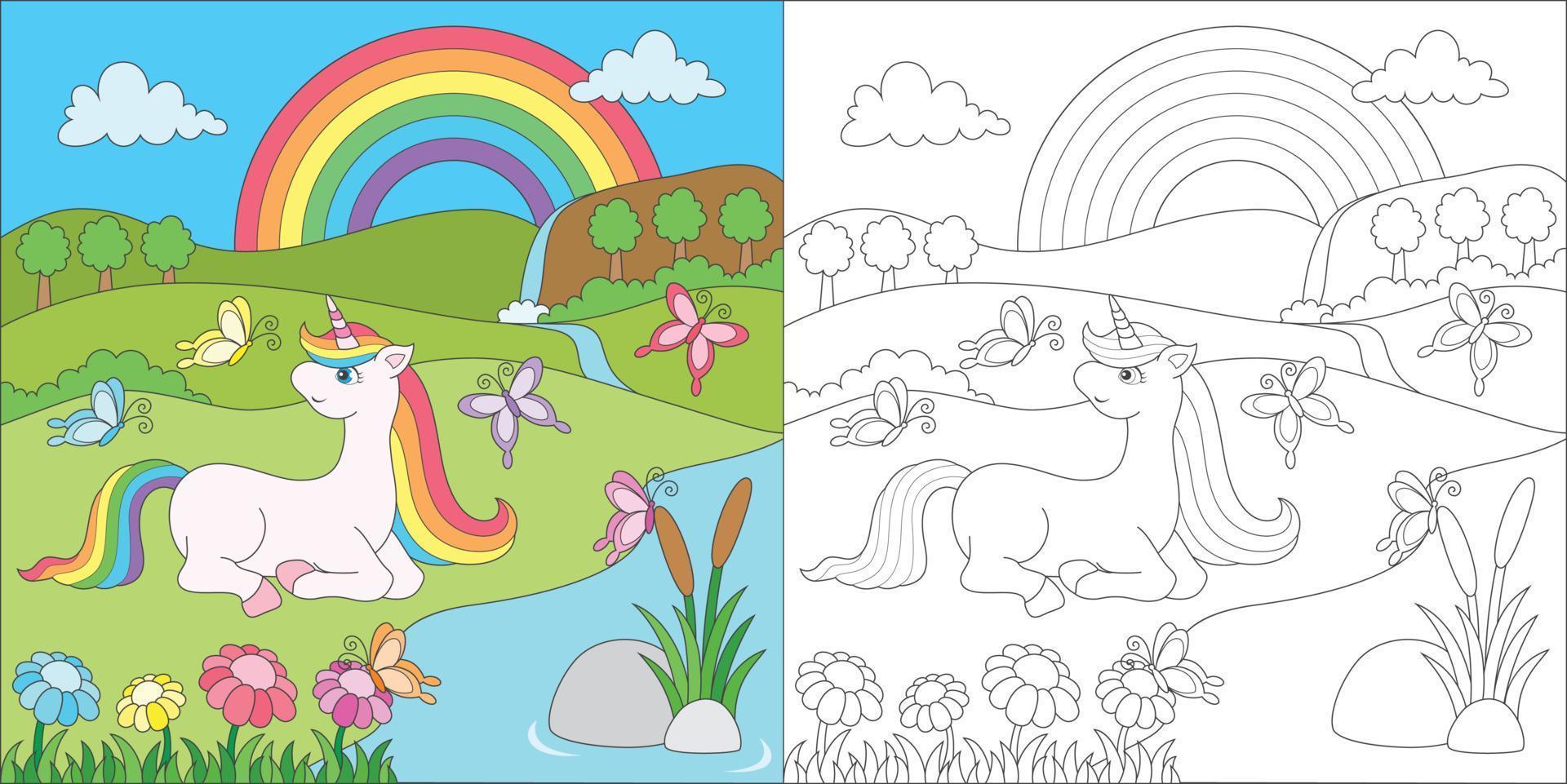 colorear unicornio para niños actividad vector