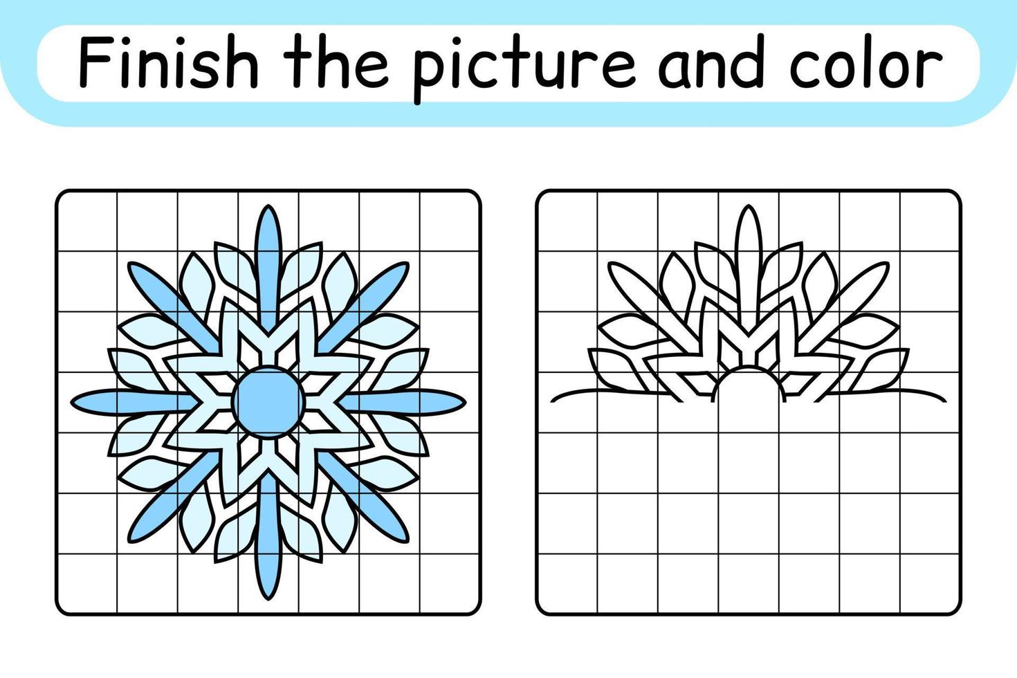 completa el cuadro copo de nieve. copiar la imagen y el color. terminar la imagen. libro de colorear. juego educativo de ejercicios de dibujo para niños vector