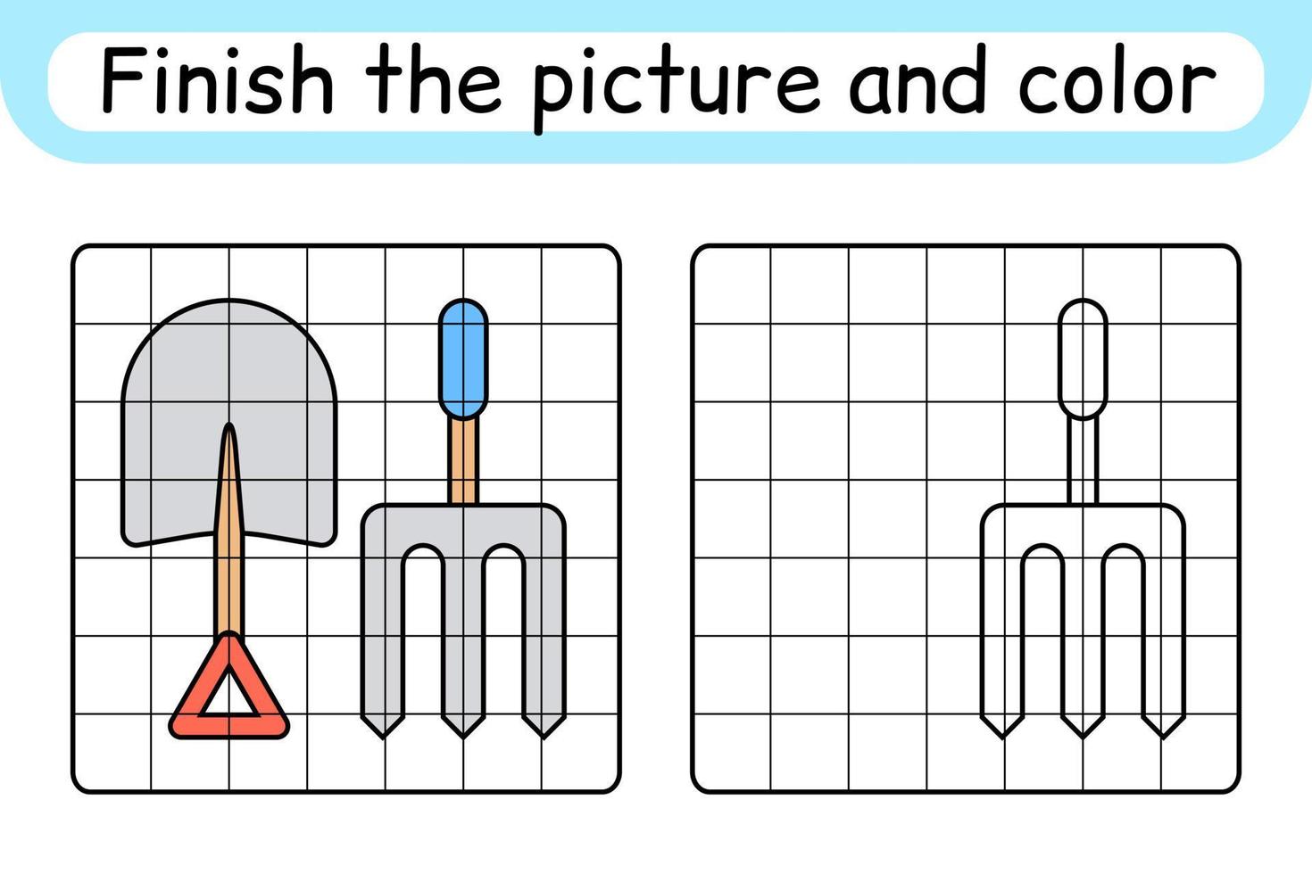 completa la imagen tridente y pala. copiar la imagen y el color. terminar la imagen. libro de colorear. juego educativo de ejercicios de dibujo para niños vector