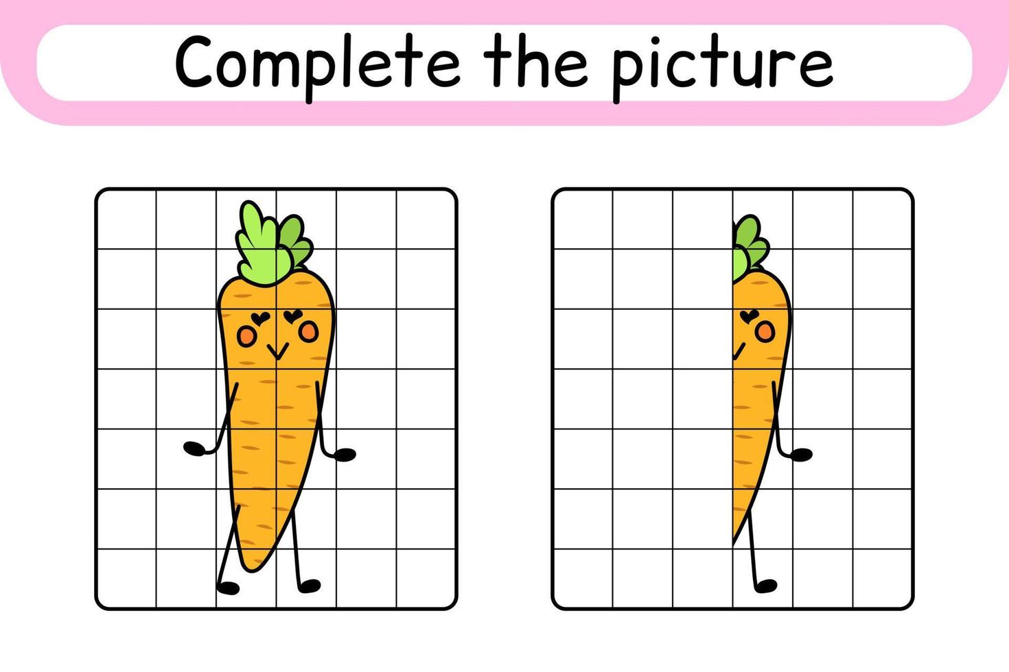 Complete the picture carrot. Copy the picture and color. Finish the image. Coloring book. Educational drawing exercise game for children vector