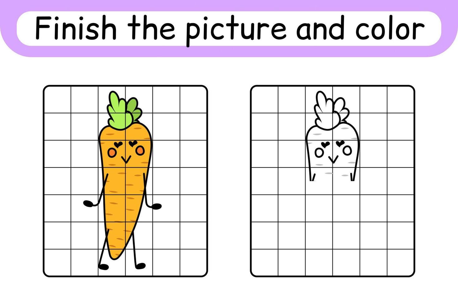 Complete the picture carrot. Copy the picture and color. Finish the image. Coloring book. Educational drawing exercise game for children vector