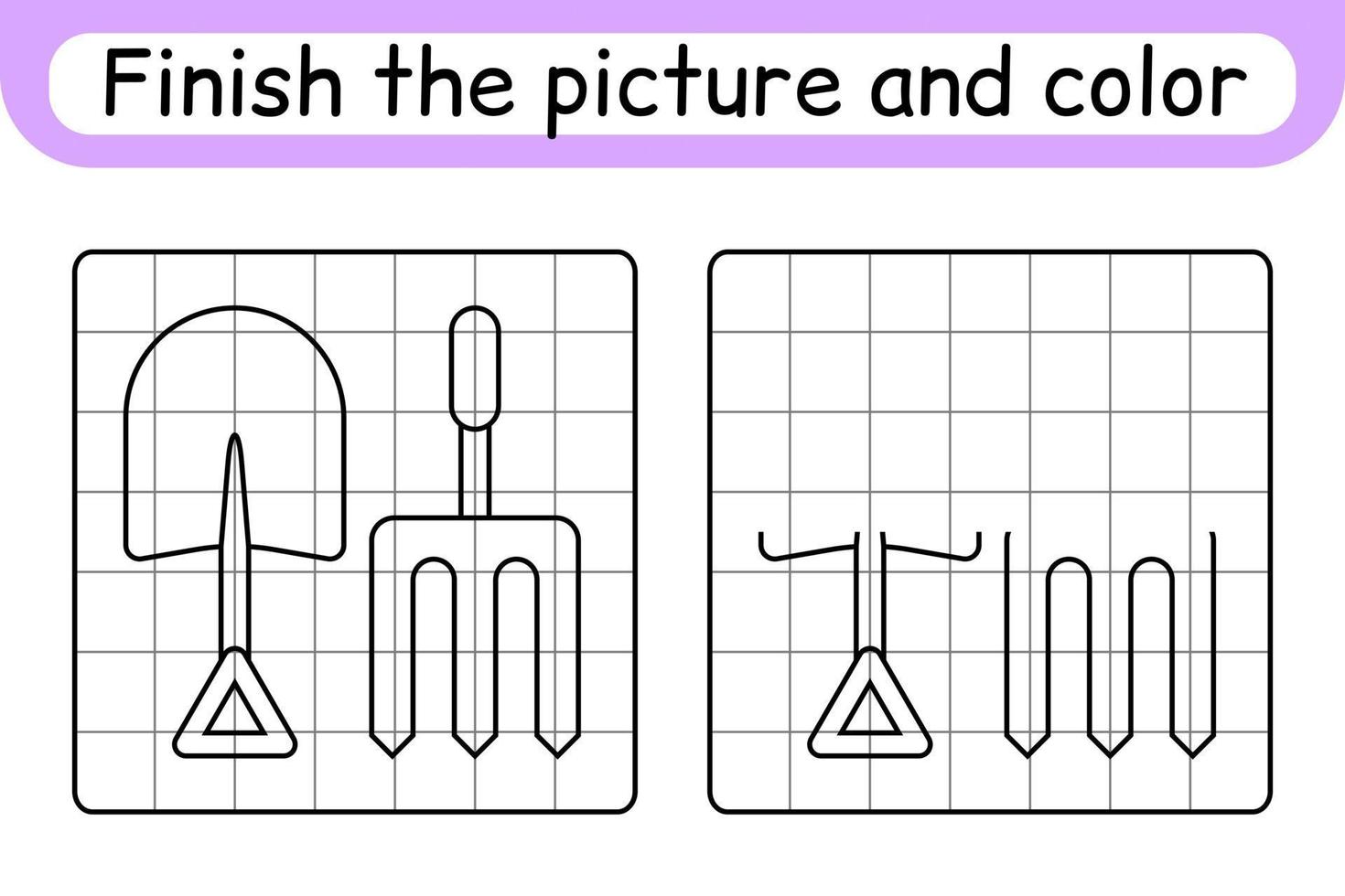 Complete the picture pitchfork and shovel. Copy the picture and color. Finish the image. Coloring book. Educational drawing exercise game for children vector