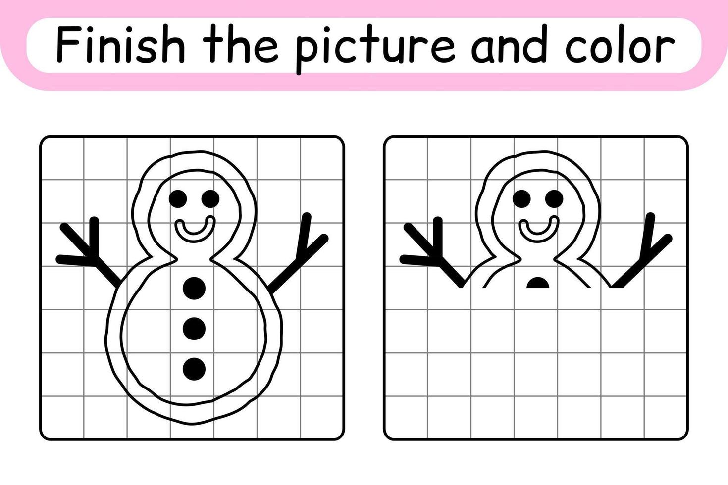 Complete the picture snowman. Copy the picture and color. Finish the image. Coloring book. Educational drawing exercise game for children vector