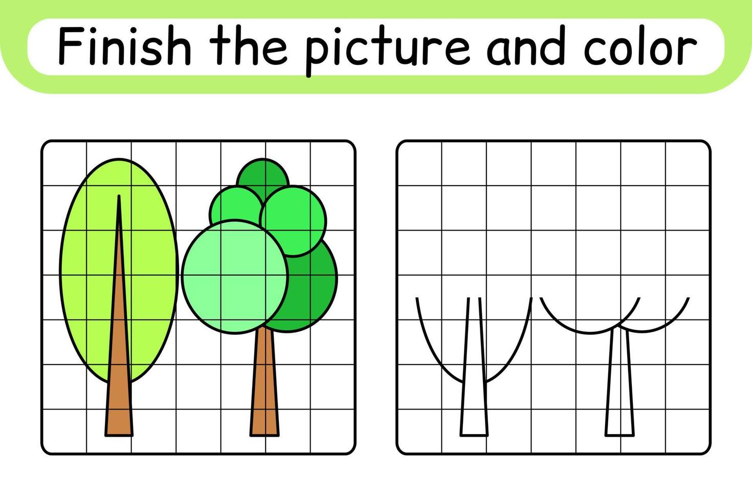 completa el árbol de imágenes. copiar la imagen y el color. terminar la imagen. libro de colorear. juego educativo de ejercicios de dibujo para niños vector