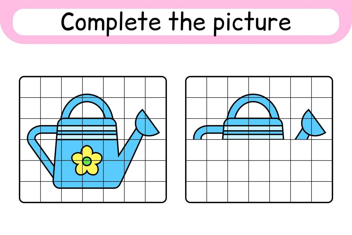 Complete the picture watering can. Copy the picture and color. Finish the image. Coloring book. Educational drawing exercise game for children vector