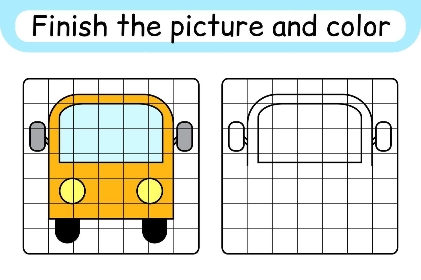 Complete the picture bus. Copy the picture and color. Finish the image. Coloring book. Educational drawing exercise game for children vector