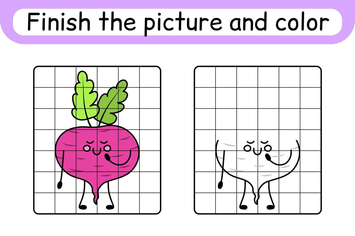Complete the picture beetroot. Copy the picture and color. Finish the image. Coloring book. Educational drawing exercise game for children vector