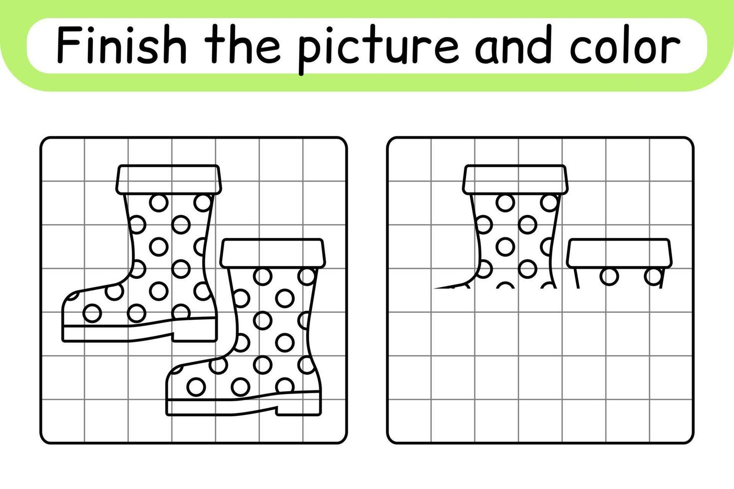 Complete the picture boots. Copy the picture and color. Finish the image. Coloring book. Educational drawing exercise game for children vector