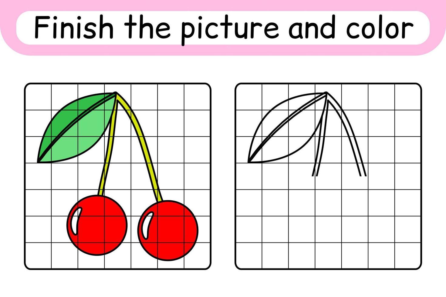 Complete the picture cherry. Copy the picture and color. Finish the image. Coloring book. Educational drawing exercise game for children vector