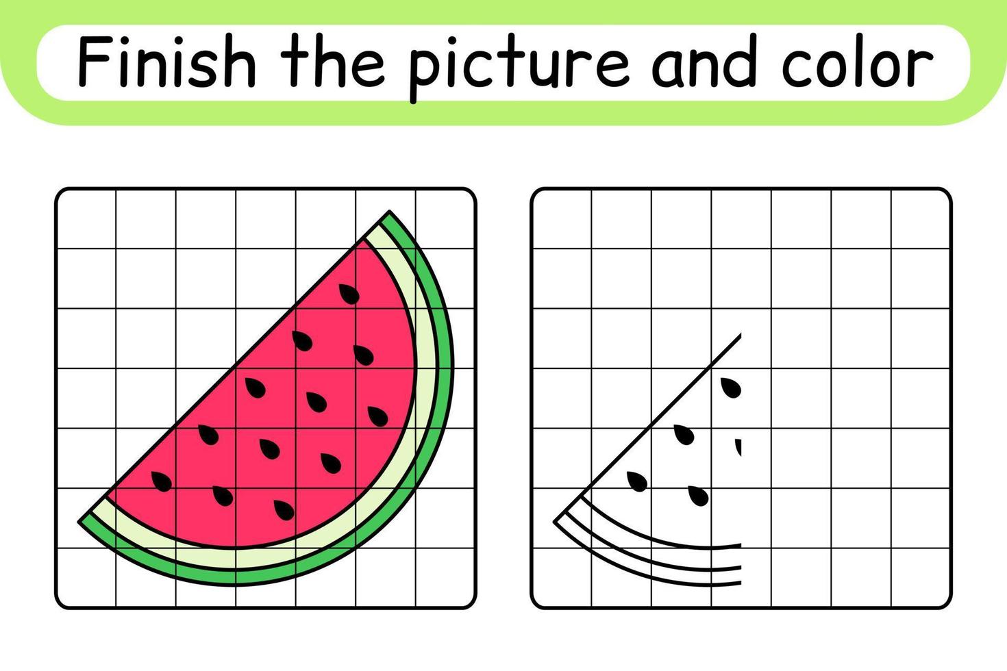 Complete the picture watermelon. Copy the picture and color. Finish the image. Coloring book. Educational drawing exercise game for children vector