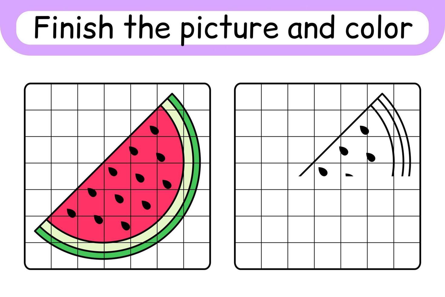 Complete the picture watermelon. Copy the picture and color. Finish the image. Coloring book. Educational drawing exercise game for children vector