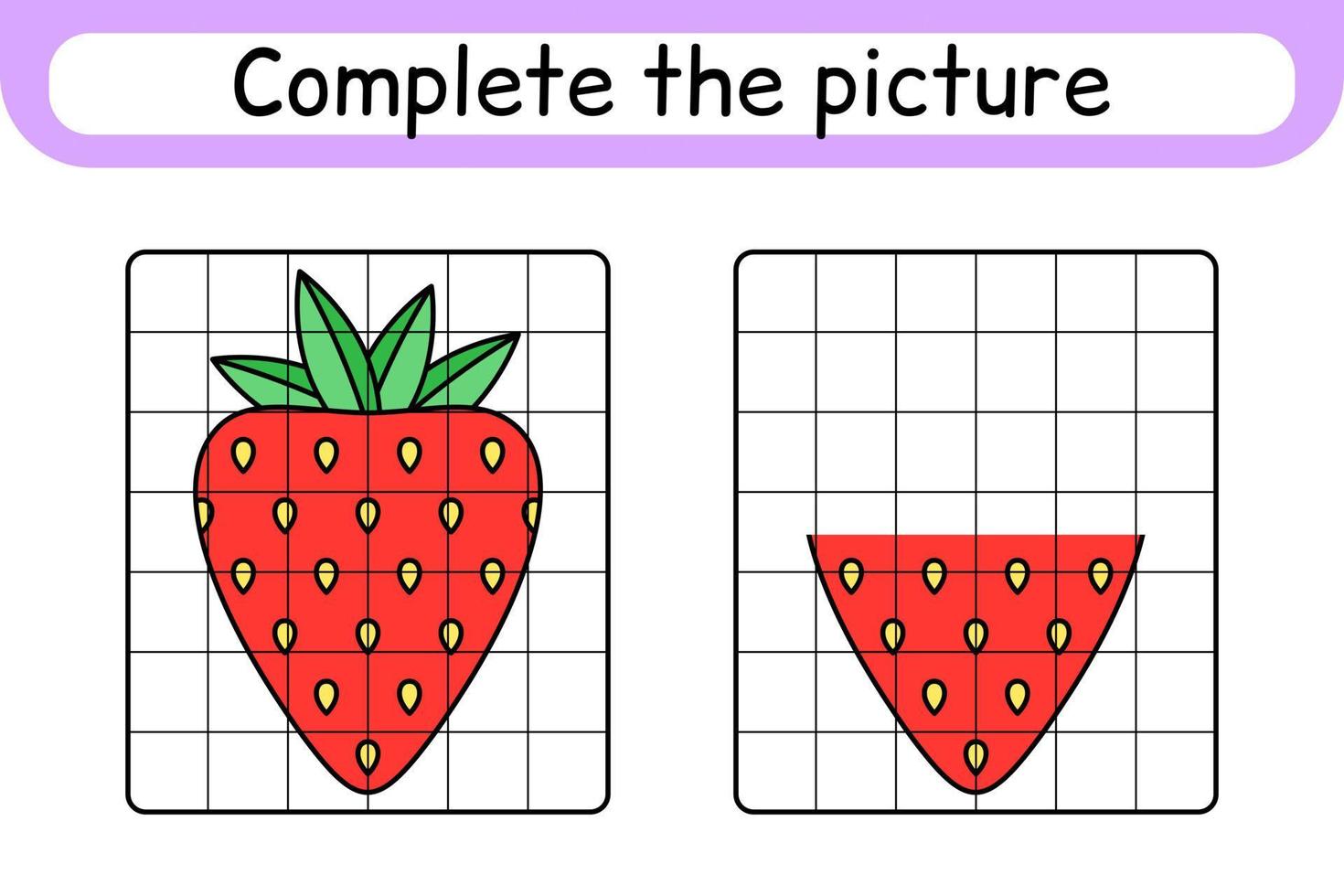 completa el cuadro fresa. copiar la imagen y el color. terminar la imagen. libro de colorear. juego educativo de ejercicios de dibujo para niños vector