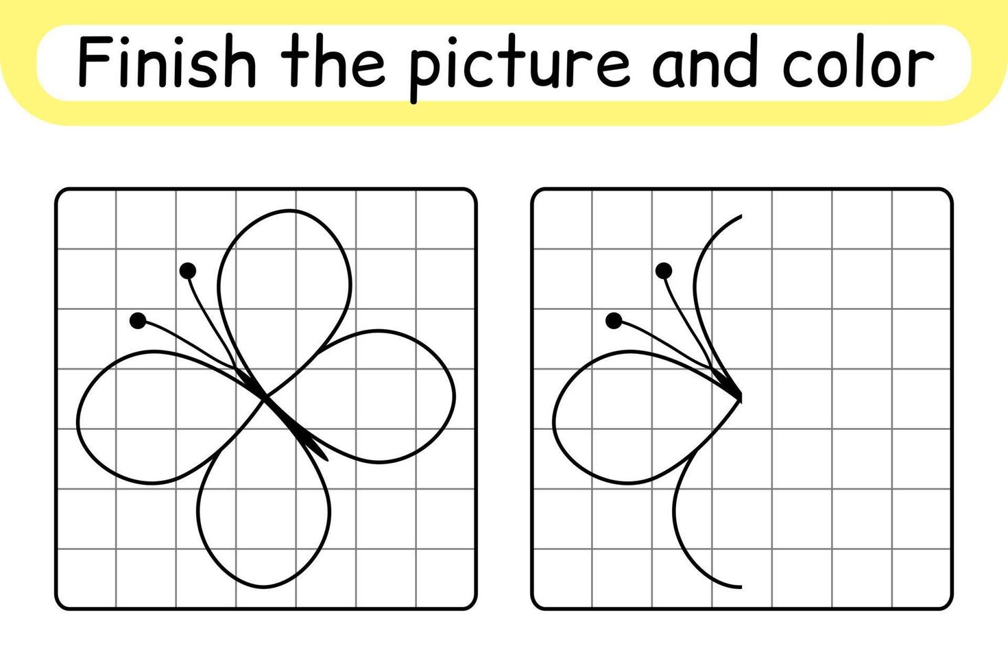 Complete the picture butterfly. Copy the picture and color. Finish the image. Coloring book. Educational drawing exercise game for children vector