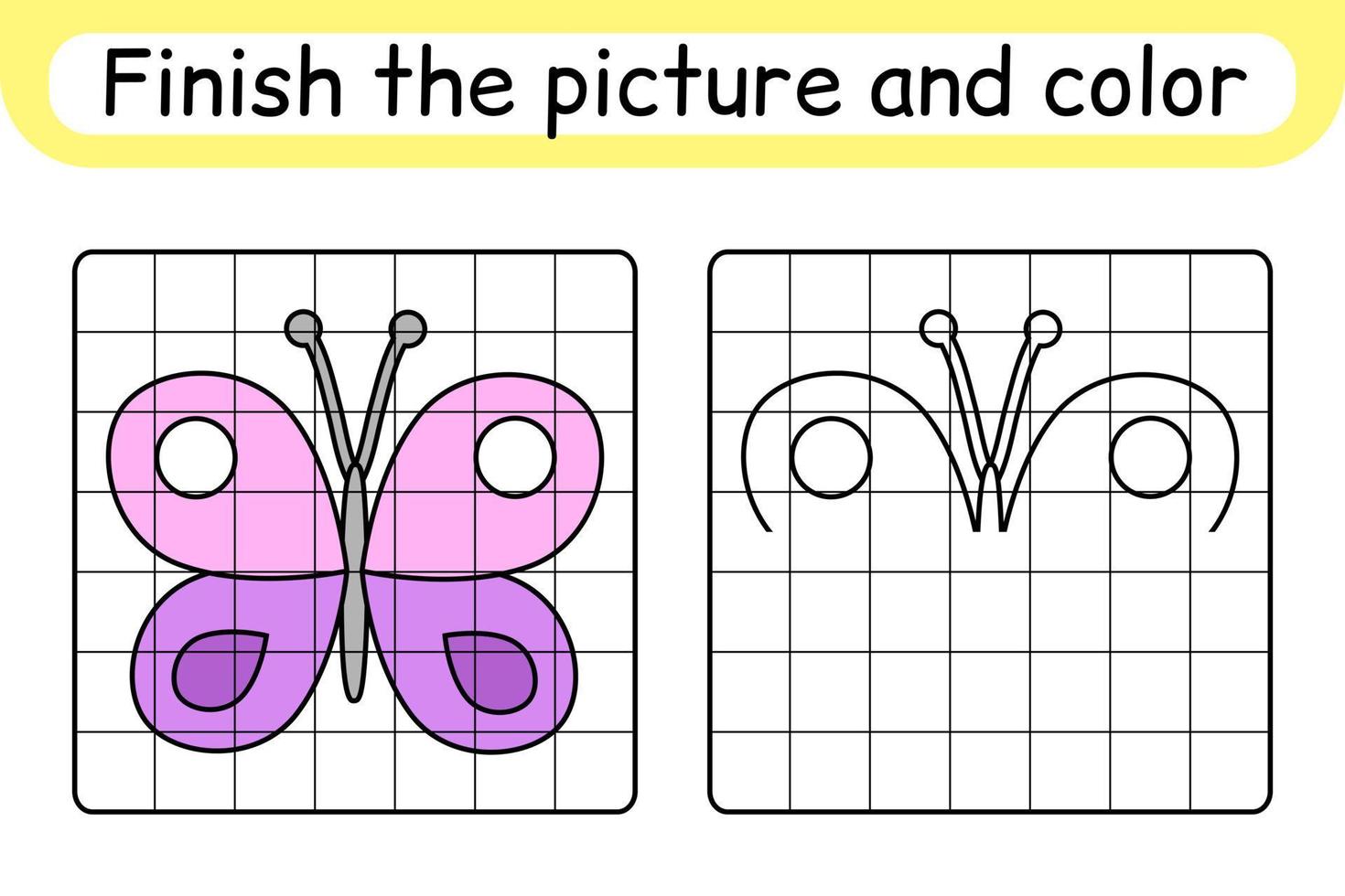 Complete the picture butterfly. Copy the picture and color. Finish the image. Coloring book. Educational drawing exercise game for children vector