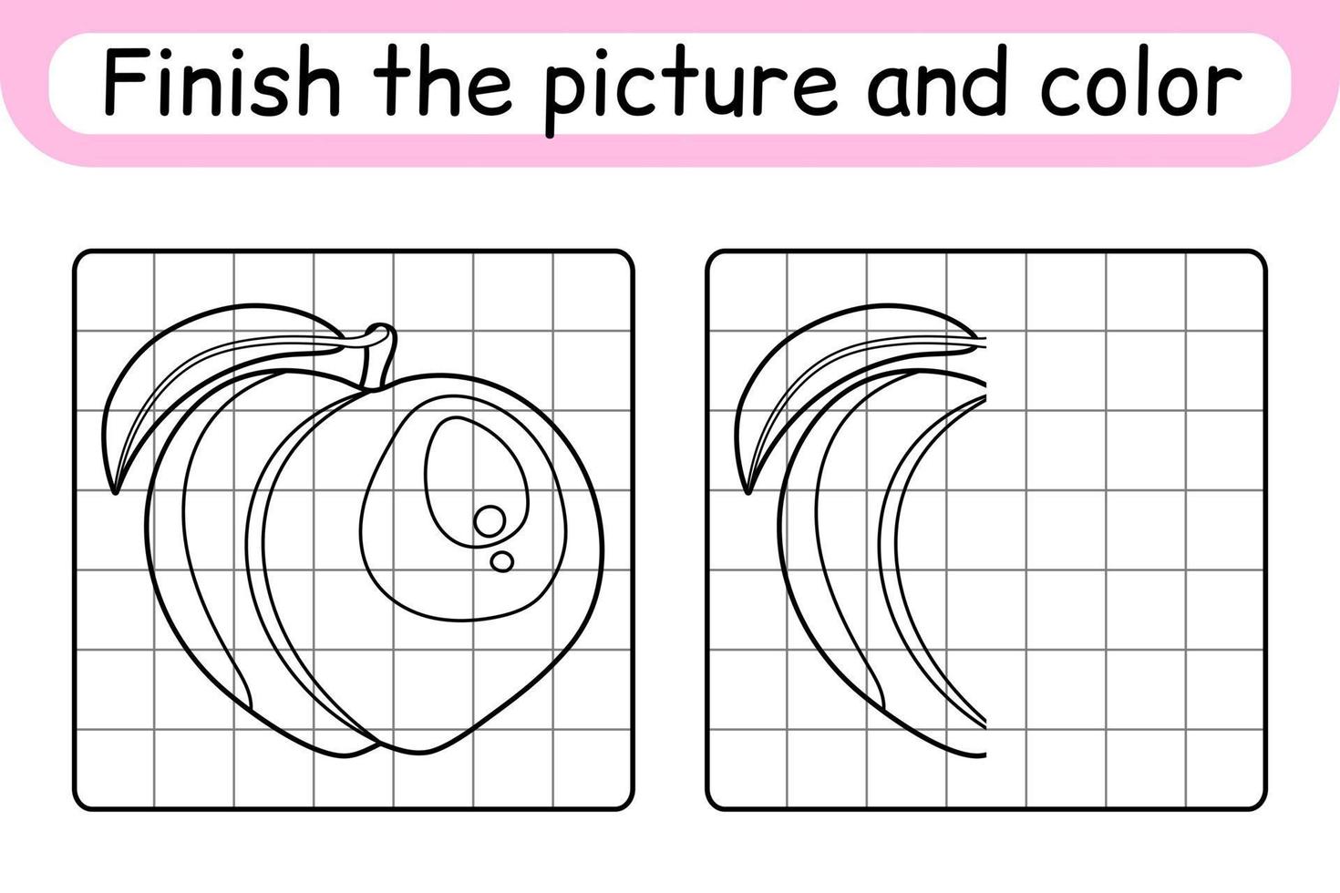 Complete the picture peach. Copy the picture and color. Finish the image. Coloring book. Educational drawing exercise game for children vector