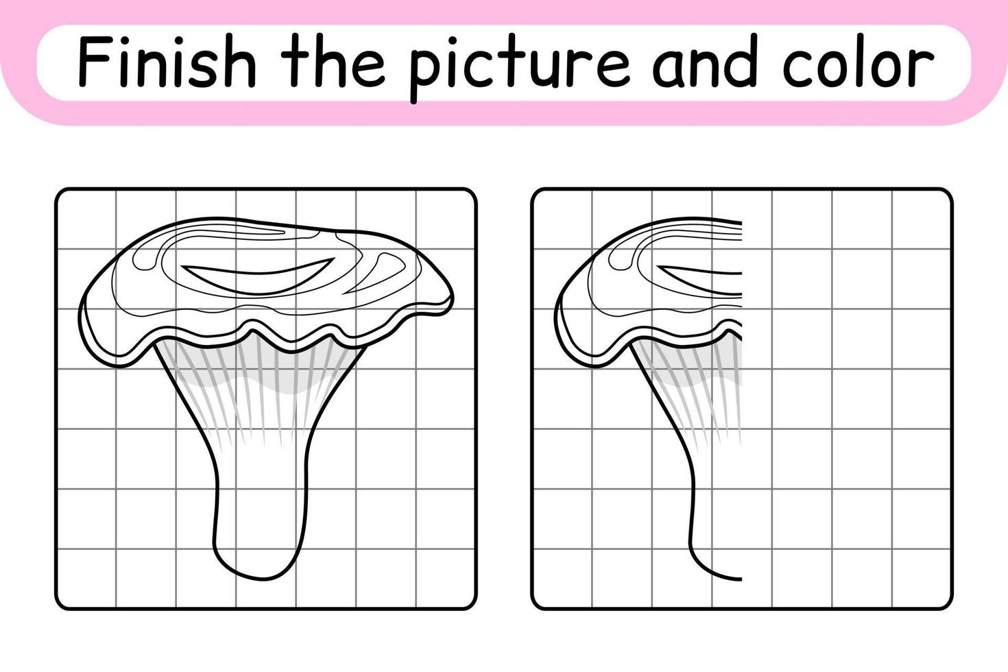 Complete the picture mushroom chanterelle. Copy the picture and color. Finish the image. Coloring book. Educational drawing exercise game for children vector