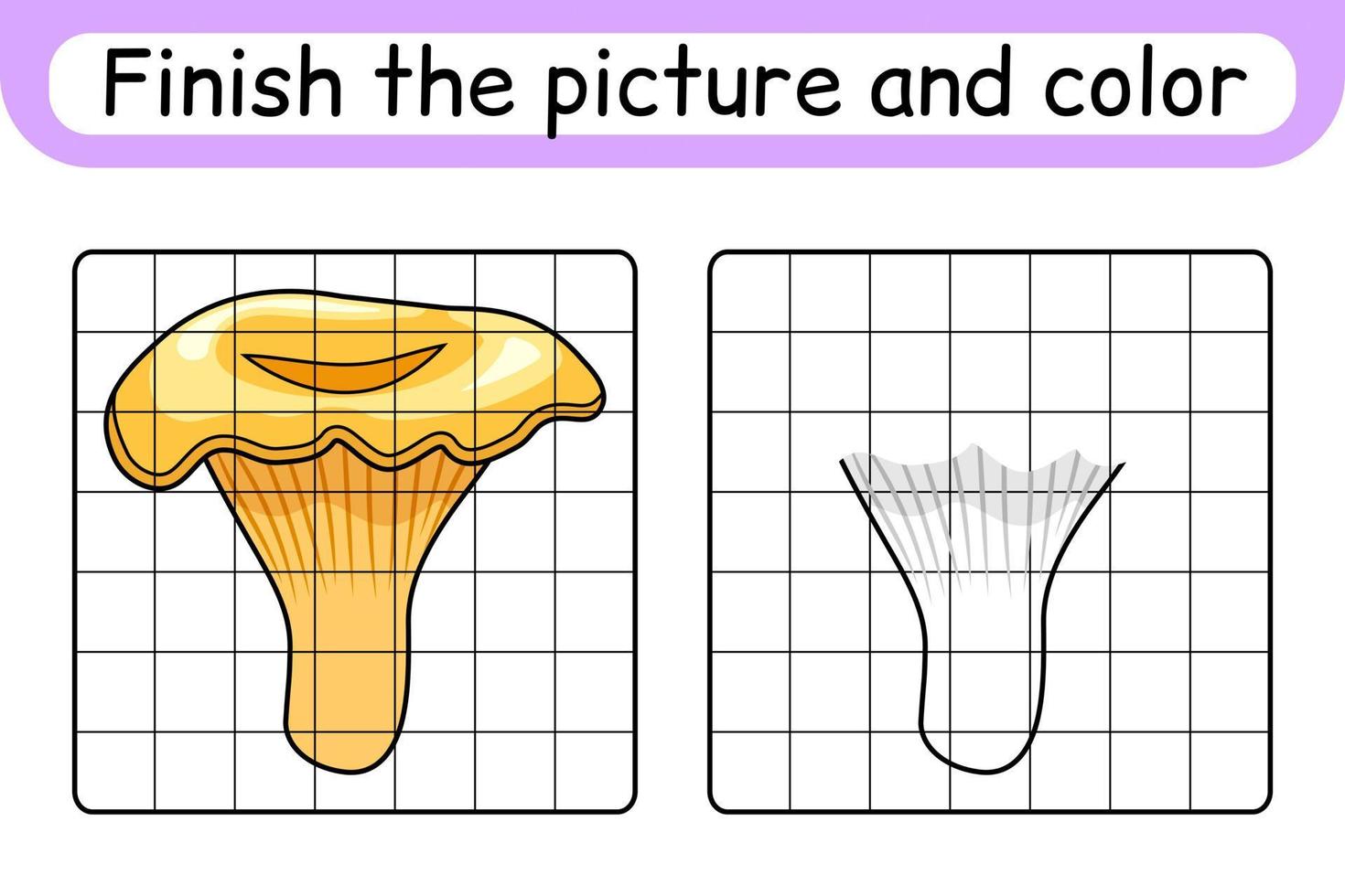 completa el cuadro setas rebozuelos. copiar la imagen y el color. terminar la imagen. libro de colorear. juego educativo de ejercicios de dibujo para niños vector