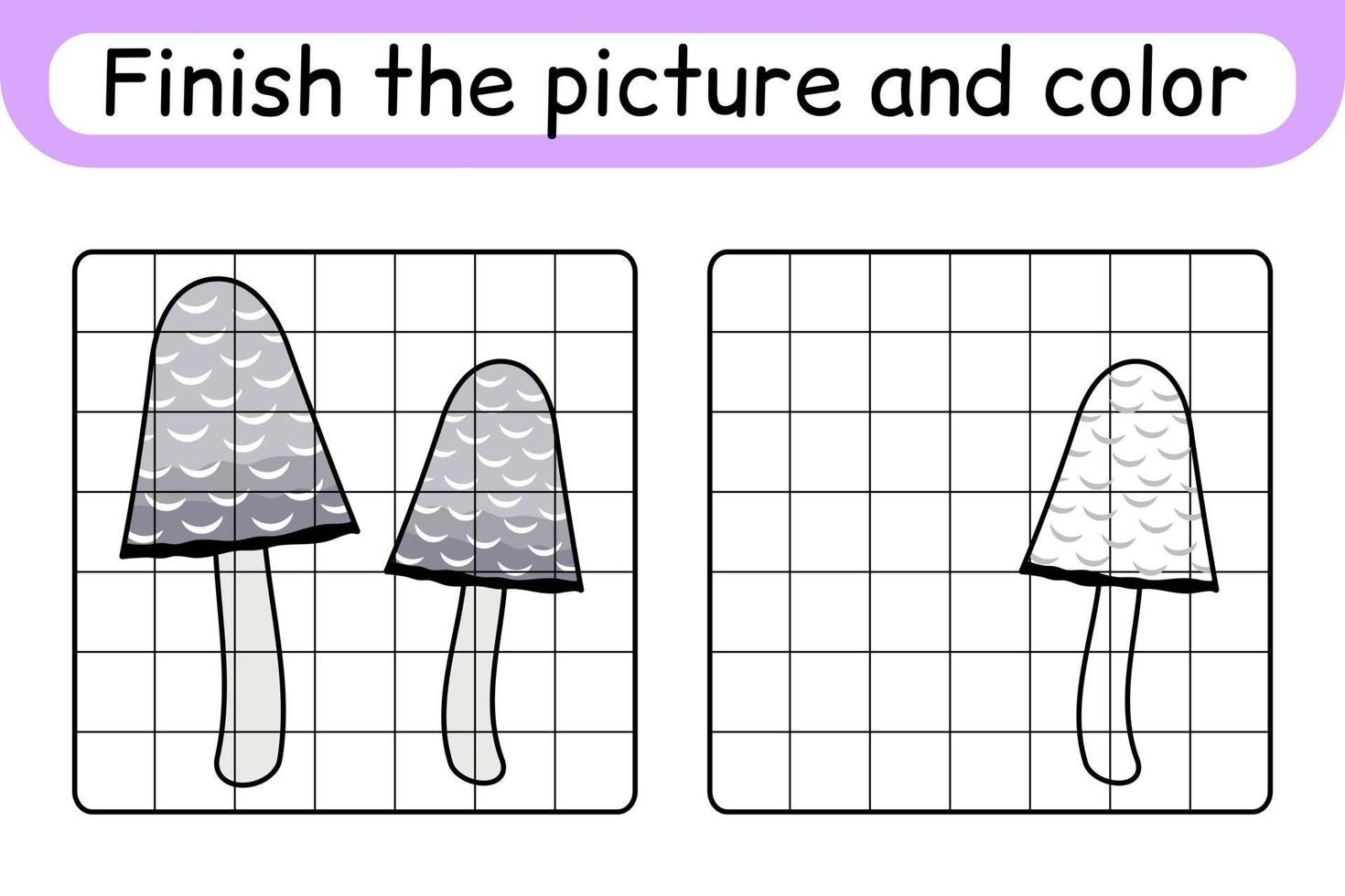 Complete the picture mushroom coprinus. Copy the picture and color. Finish the image. Coloring book. Educational drawing exercise game for children vector