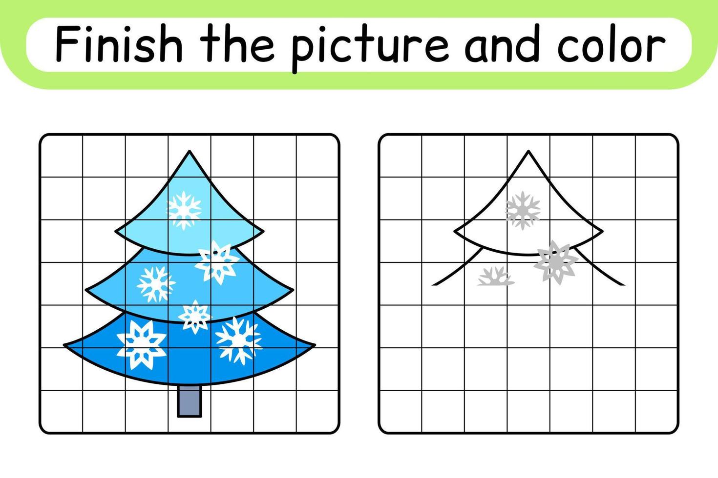 Complete the picture christmas tree. Copy the picture and color. Finish the image. Coloring book. Educational drawing exercise game for children vector