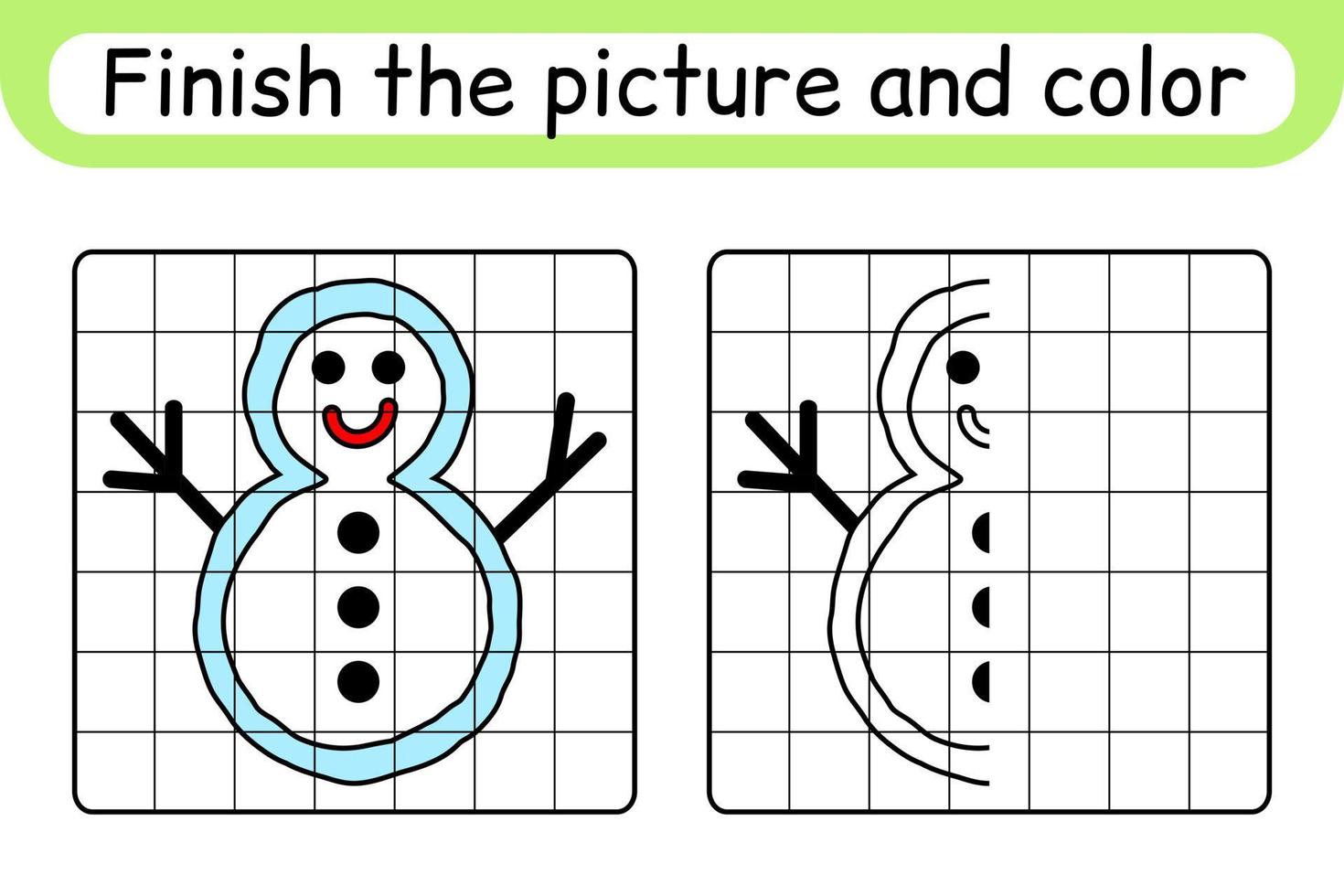 Complete the picture snowman. Copy the picture and color. Finish the image. Coloring book. Educational drawing exercise game for children vector